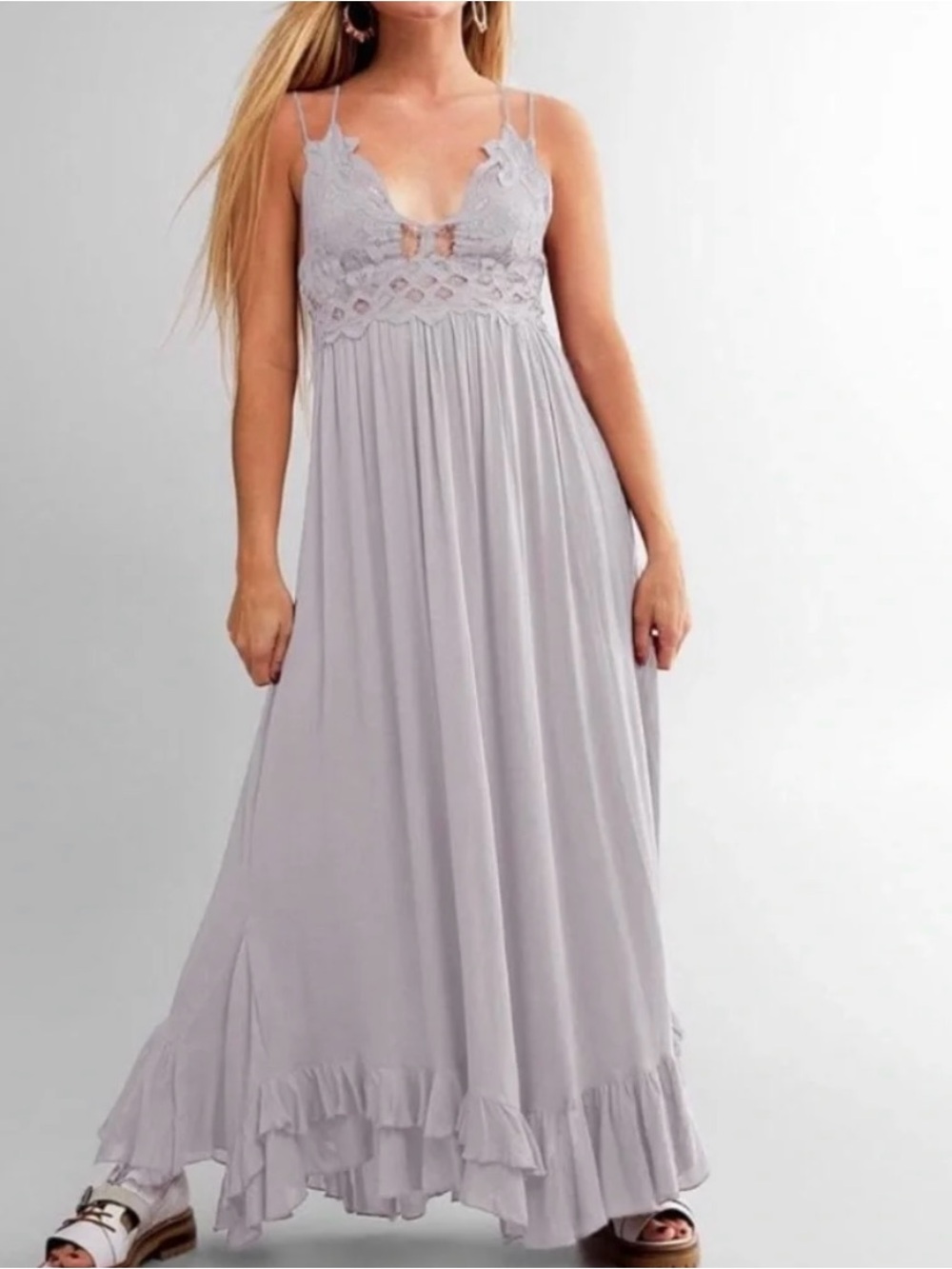 Free People Adella Crochet Lace Maxi Slip Dress in Light Gray Size Medium
